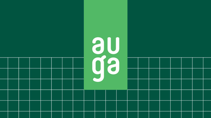 Minimalist green background with vertically stacked white AUGA logo, representing a sustainable food brand focused on eco-innovation.