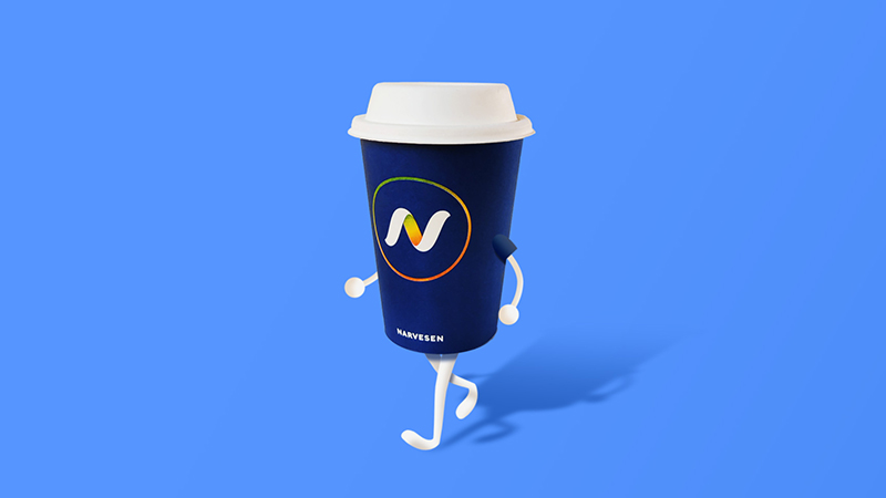 Blue Narvesen coffee cup with animated arms and legs on a bright background — playful brand character for social media visuals.